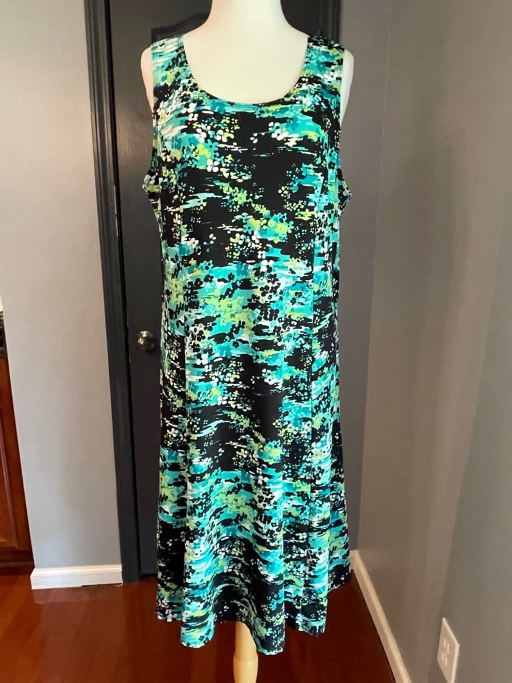 Kim Rogers Petite Sleeveless Teal and Black Printed A-Line Dress